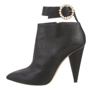 Jimmy Choo Black Embossed Leather Ankle Boots Heeled Pearl Buckle Sz 39